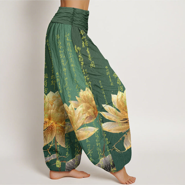 Pantalones bombachos de cintura elástica para mujer, de algodón, estilo informal, con estampado de caligrafía de loto y Buddha Stones. - image 2