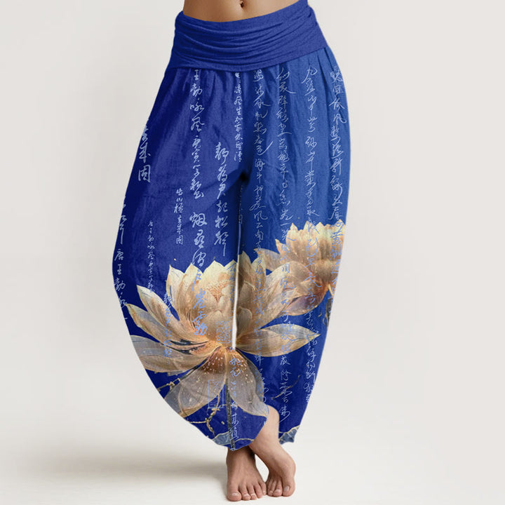 Pantalones bombachos de cintura elástica para mujer, de algodón, estilo informal, con estampado de caligrafía de loto y Buddha Stones. - Azul - US22，UK/AU26，EU54 (6XL) - image 7