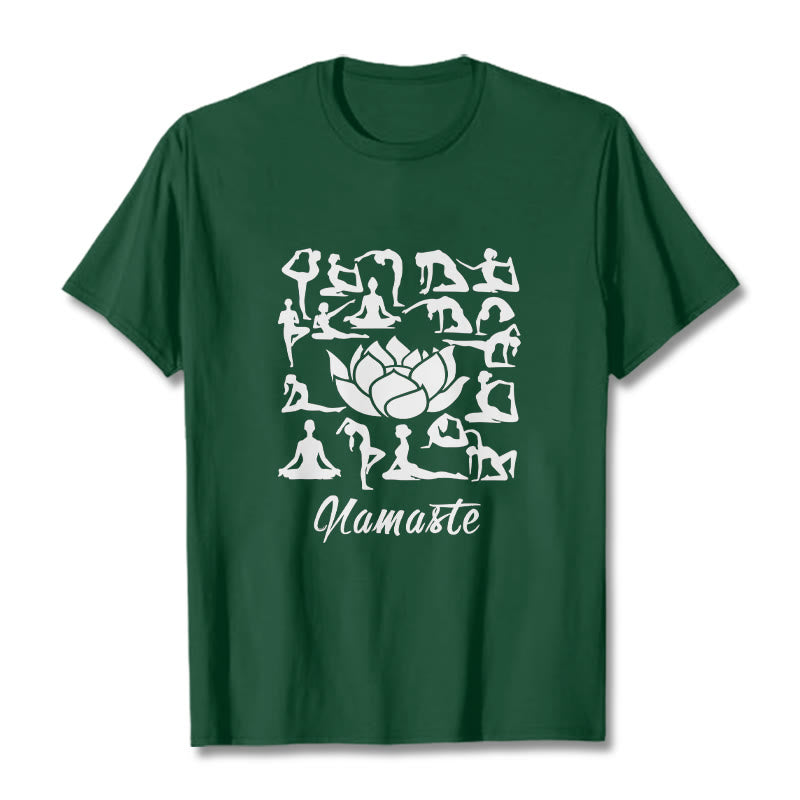 Camiseta informal con estampado de flores de loto y Buddha Stones, con diversas posturas de yoga - Verde bosque - 2XL - image 1