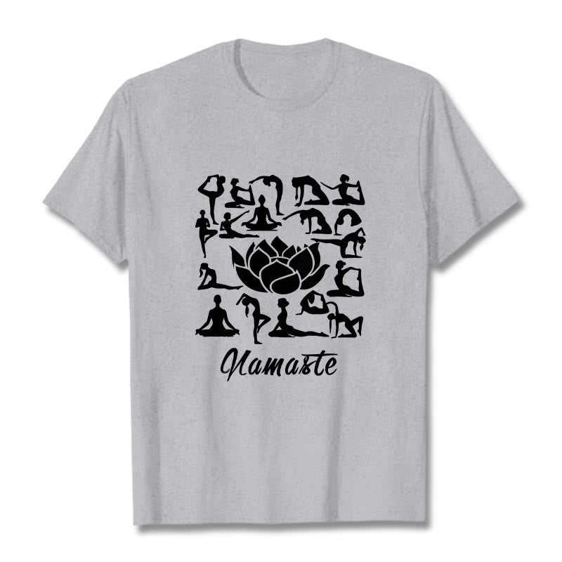 Camiseta informal con estampado de flores de loto y Buddha Stones, con diversas posturas de yoga - Gris claro - 2XL - image 20
