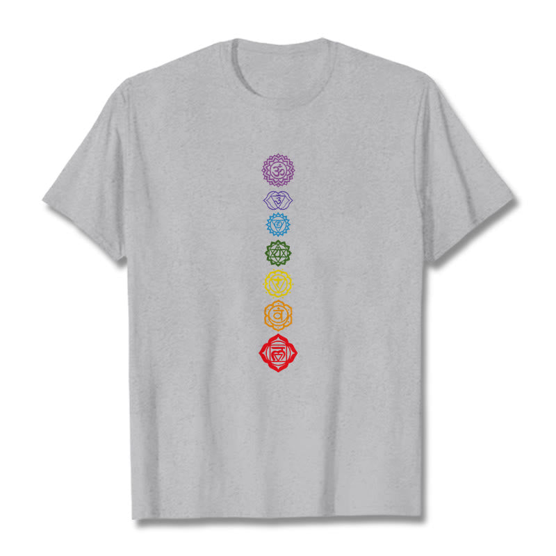 Camiseta informal con diseño de Om Mani Padme Hum y círculos coloridos de Buddha Stones - Gris claro - 2XL - image 20