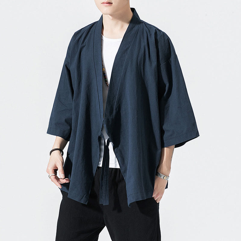 Traje Tang con Buddha Stones, chaqueta abierta frontal, kimono de algodón y lino para hombre con mangas tres cuartos - Azul medianoche - US/UK/AU48，EU58(5XL) - image 6