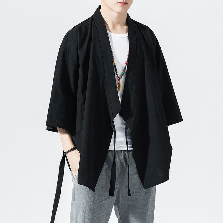 Traje Tang con Buddha Stones, chaqueta abierta frontal, kimono de algodón y lino para hombre con mangas tres cuartos - Negro - US/UK/AU48，EU58(5XL) - image 9