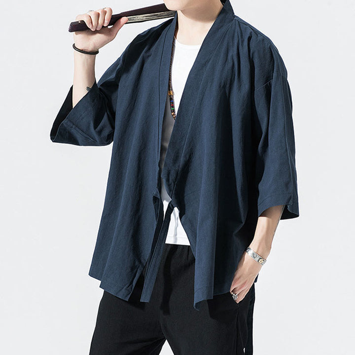 Traje Tang con Buddha Stones, chaqueta abierta frontal, kimono de algodón y lino para hombre con mangas tres cuartos - image 7