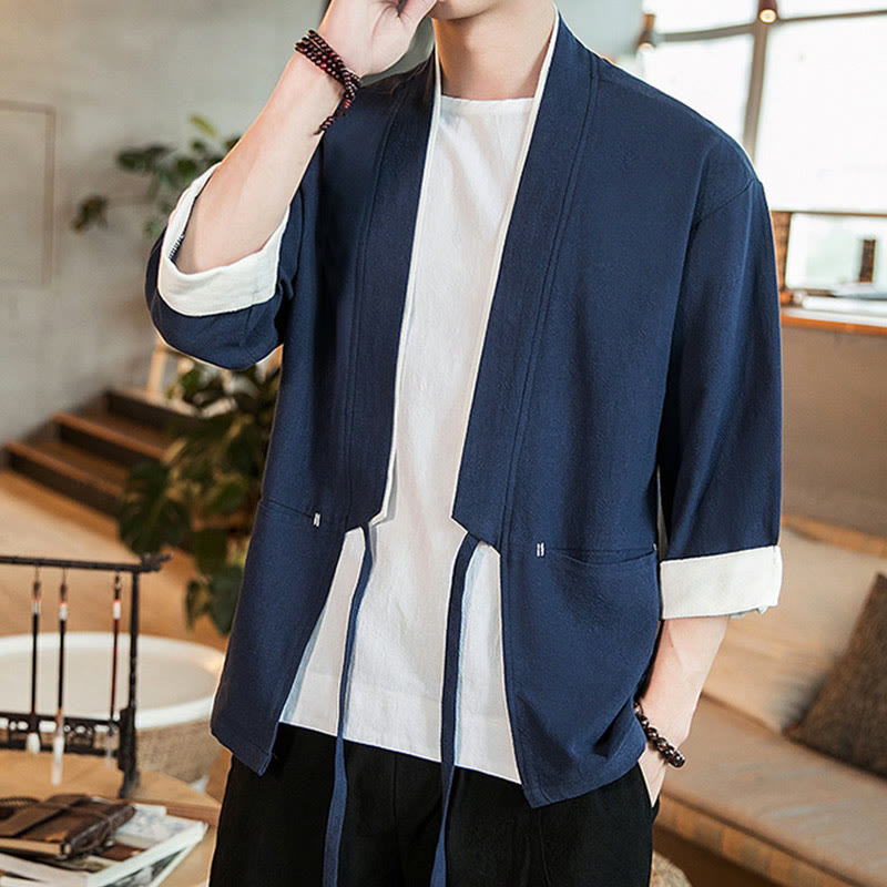 Chaqueta estilo kimono de lino y algodón con cordones y diseño de Buddha Stones para hombre, manga tres cuartos y bolsillos - image 1