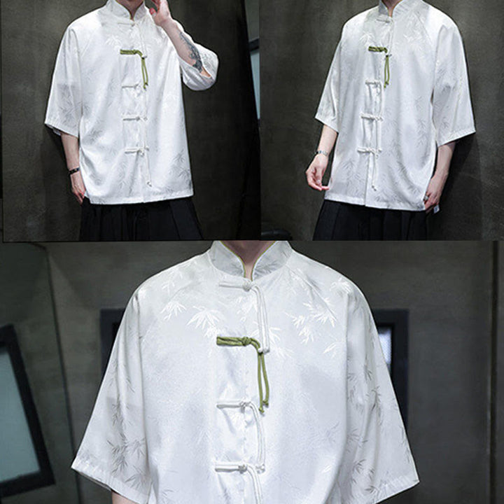 Camisa de algodón para hombre con traje Tang de manga tres cuartos y botones de rana de bambú y jacquard con Buddha Stones - image 14