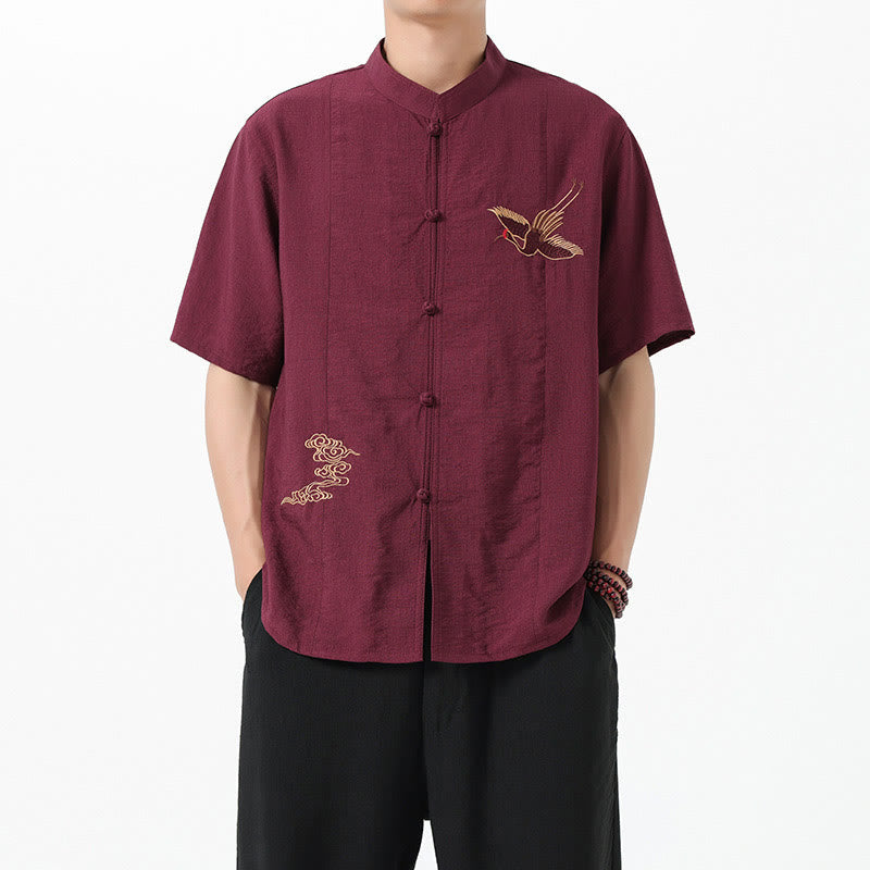 Camisa de algodón para hombre con cuello alto, media manga y botones bordados vintage con Buddha Stones - image 1