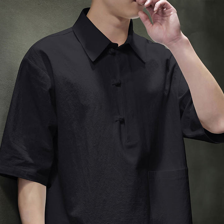 Camisa de lino y algodón de manga corta con bolsillo y diseño de media manga con botones para hombre de Buddha Stones Commute - image 17