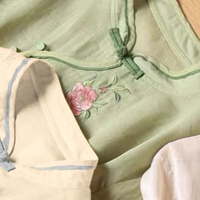 Camisa de lino y algodón para mujer, estilo casual, vintage, con bordado de flores y botones de rana china, cuello redondo - image 12