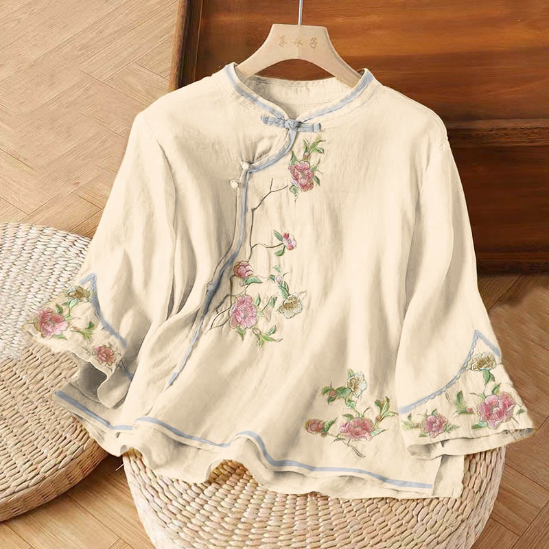 Camisa de lino y algodón para mujer, estilo casual, vintage, con bordado de flores y botones de rana china, cuello redondo - Limón Chiffon - US12, UK/AU16, EU44 (3XL) - image 4