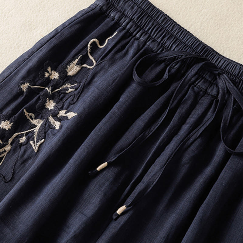 Pantalones anchos de algodón con cordón y bordado Buddha Stones Commute para mujer con bolsillos