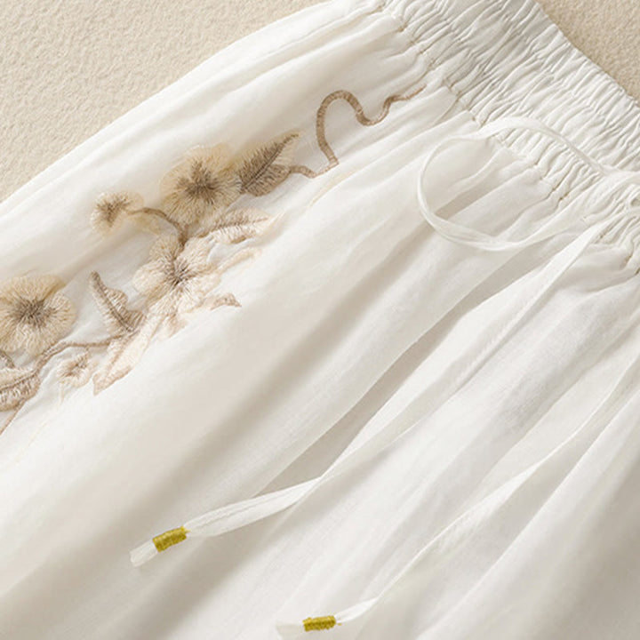 Pantalones anchos de algodón con cordón y bordado Buddha Stones Commute para mujer con bolsillos