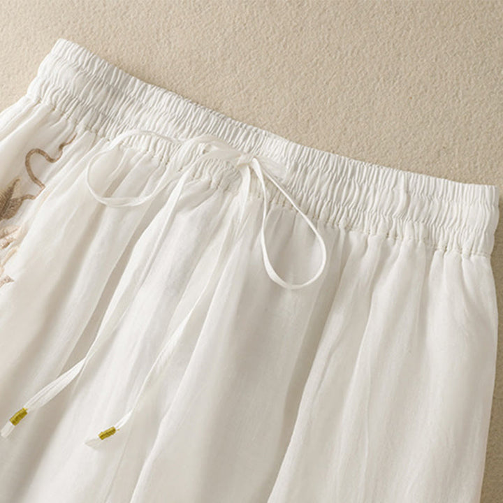 Pantalones anchos de algodón con cordón y bordado Buddha Stones Commute para mujer con bolsillos
