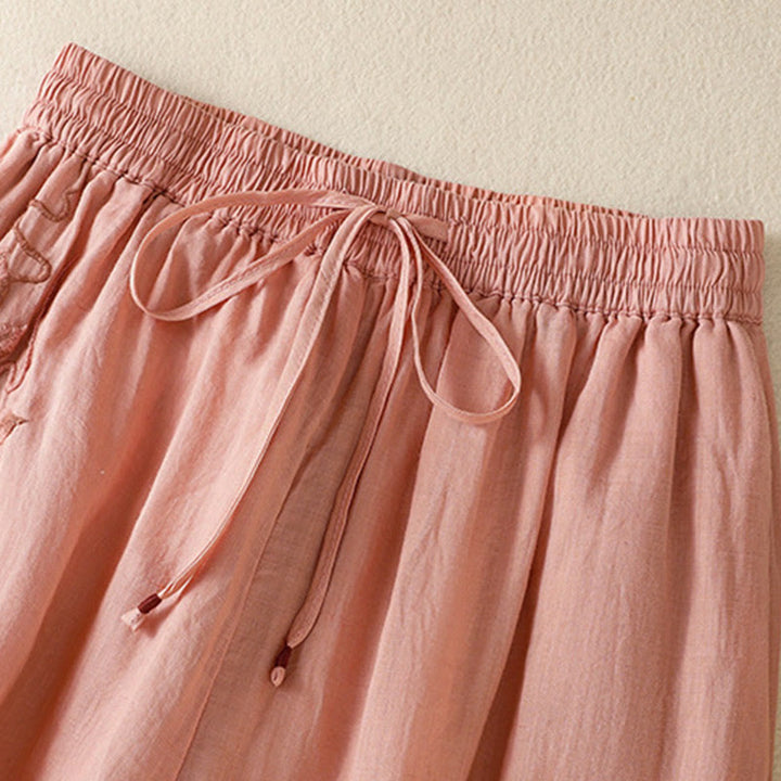 Pantalones anchos de algodón con cordón y bordado Buddha Stones Commute para mujer con bolsillos