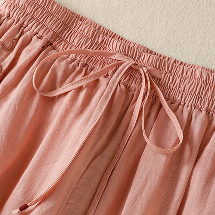 Pantalones anchos de algodón con cordón y bordado Buddha Stones Commute para mujer con bolsillos