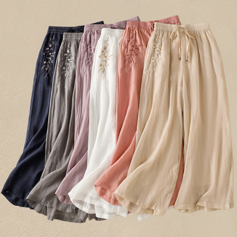 Pantalones anchos de algodón con cordón y bordado Buddha Stones Commute para mujer con bolsillos