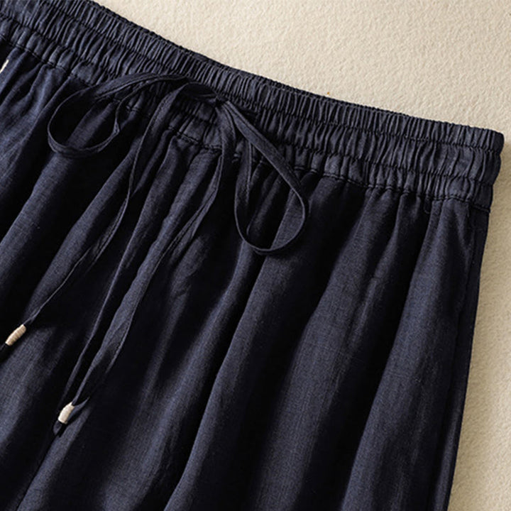 Pantalones anchos de algodón con cordón y bordado Buddha Stones Commute para mujer con bolsillos