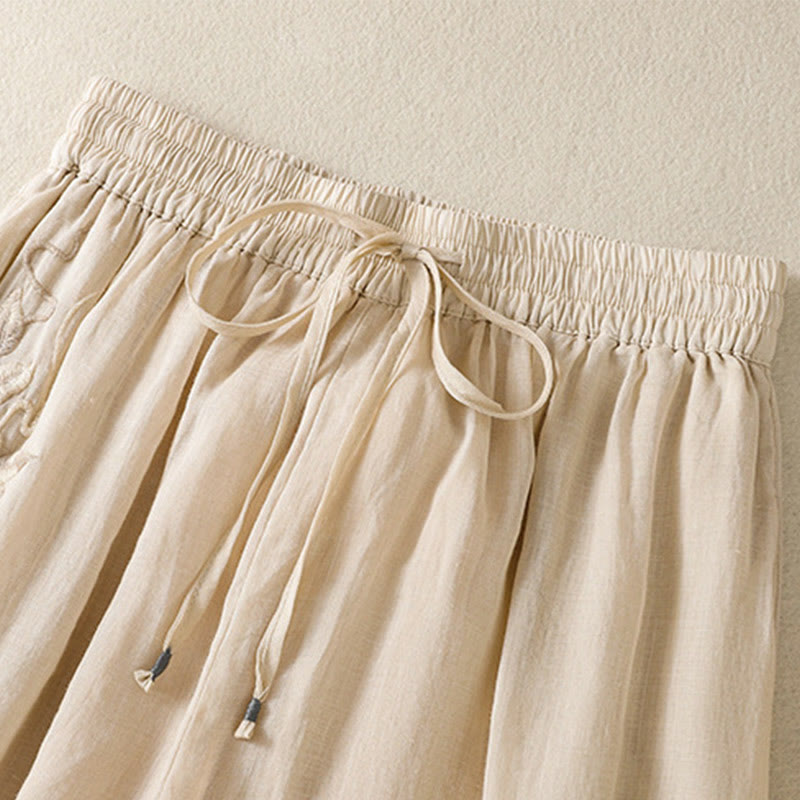 Pantalones anchos de algodón con cordón y bordado Buddha Stones Commute para mujer con bolsillos