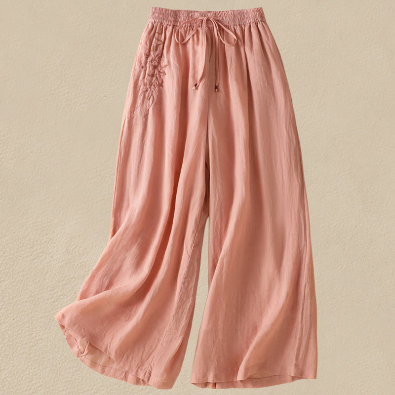 Pantalones anchos de algodón con cordón y bordado Buddha Stones Commute para mujer con bolsillos