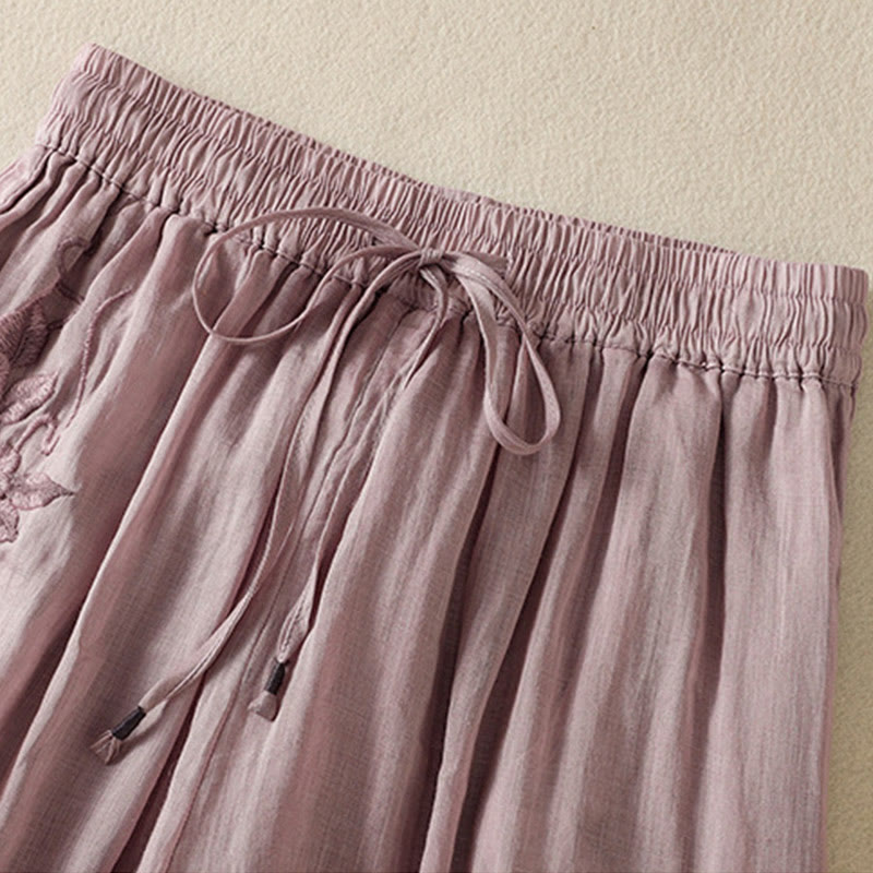 Pantalones anchos de algodón con cordón y bordado Buddha Stones Commute para mujer con bolsillos