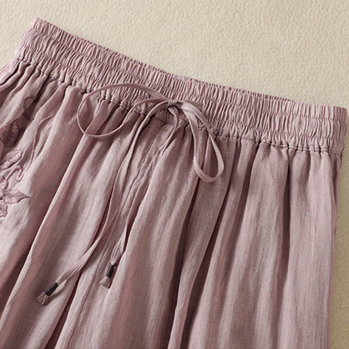 Pantalones anchos de algodón con cordón y bordado Buddha Stones Commute para mujer con bolsillos