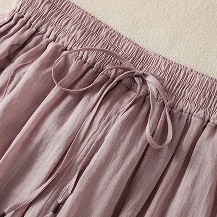 Pantalones anchos de algodón con cordón y bordado Buddha Stones Commute para mujer con bolsillos