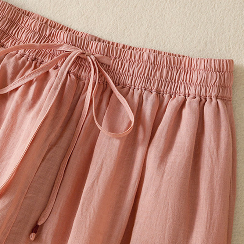 Pantalones anchos de algodón con cordón y bordado Buddha Stones Commute para mujer con bolsillos