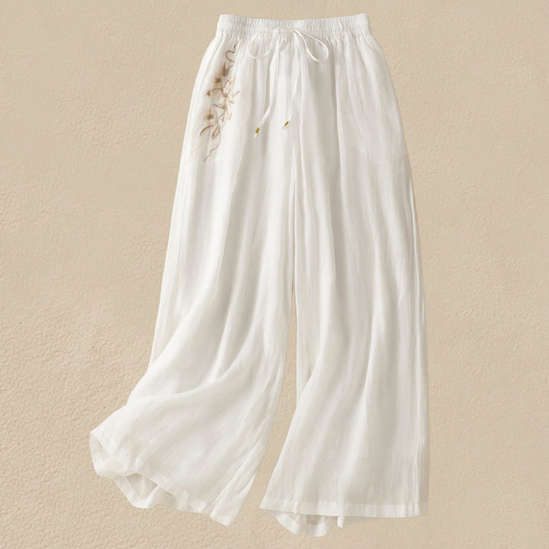 Pantalones anchos de algodón con cordón y bordado Buddha Stones Commute para mujer con bolsillos
