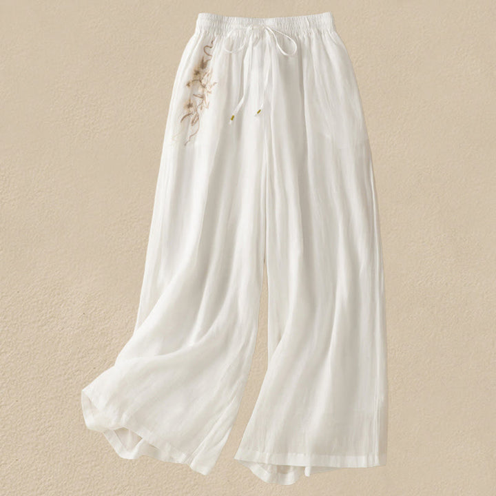 Pantalones anchos de algodón con cordón y bordado Buddha Stones Commute para mujer con bolsillos