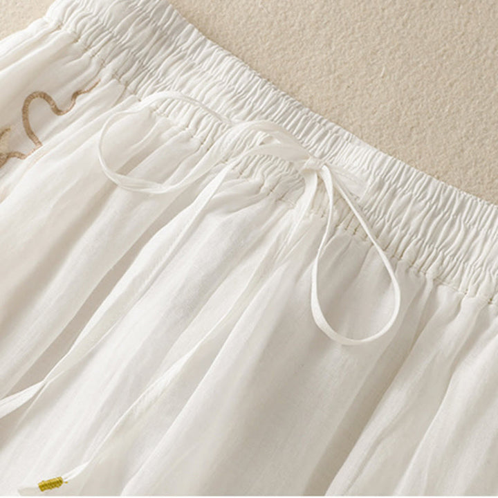 Pantalones anchos de algodón con cordón y bordado Buddha Stones Commute para mujer con bolsillos