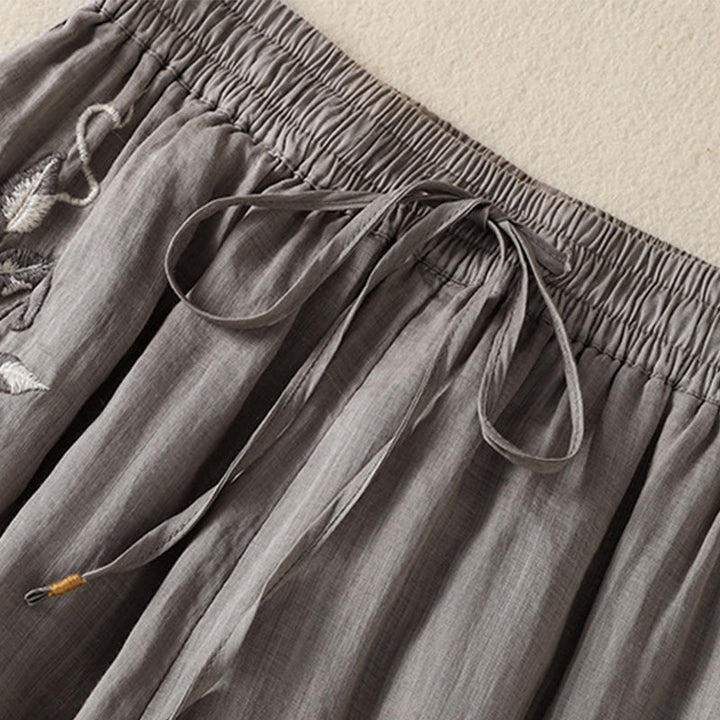 Pantalones anchos de algodón con cordón y bordado Buddha Stones Commute para mujer con bolsillos