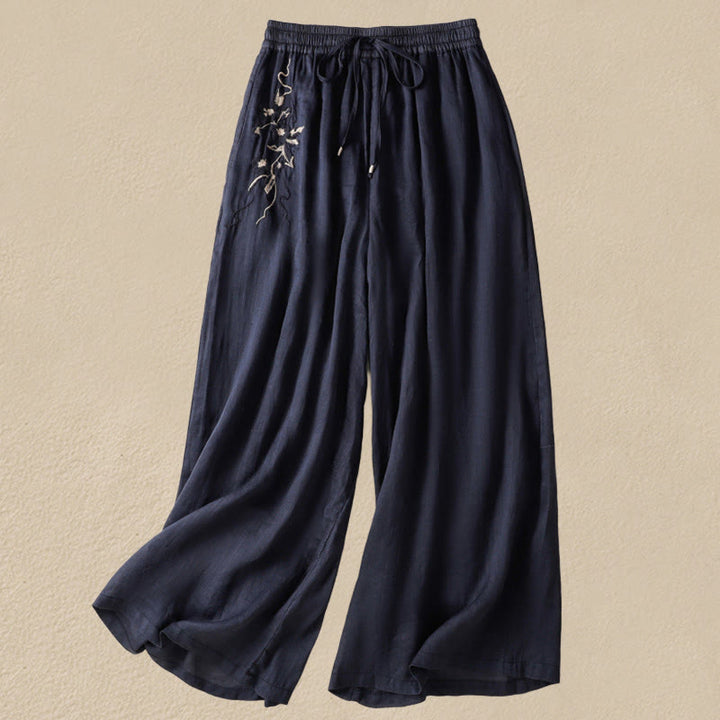 Pantalones anchos de algodón con cordón y bordado Buddha Stones Commute para mujer con bolsillos