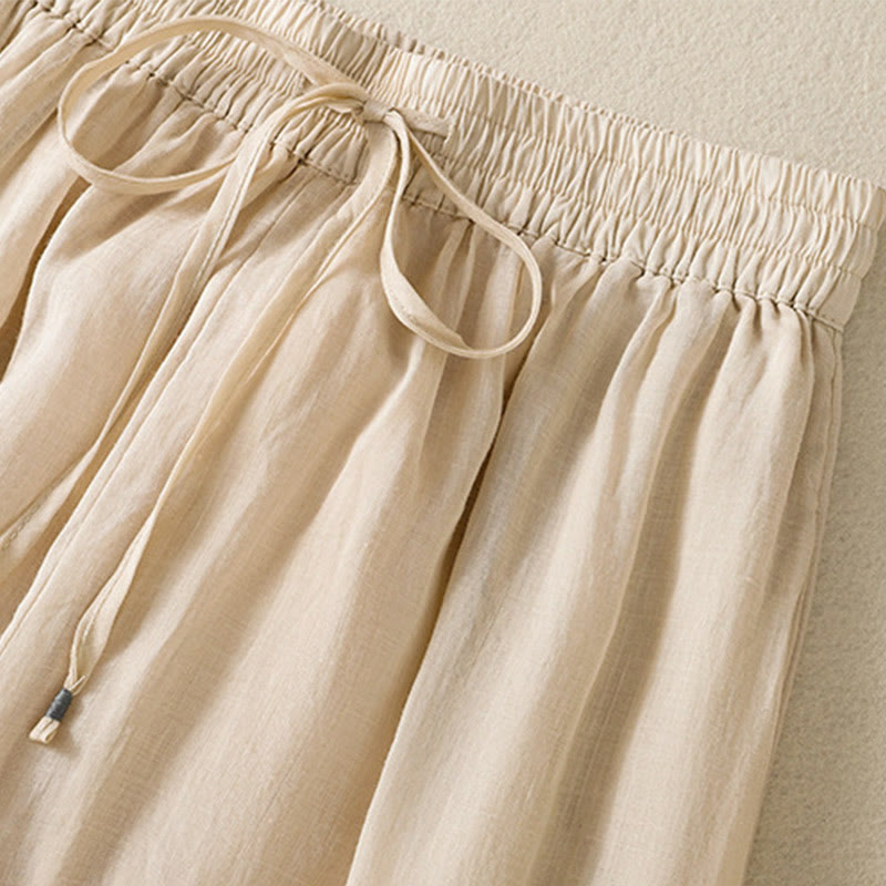 Pantalones anchos de algodón con cordón y bordado Buddha Stones Commute para mujer con bolsillos