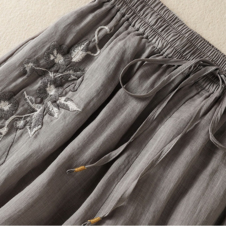 Pantalones anchos de algodón con cordón y bordado Buddha Stones Commute para mujer con bolsillos