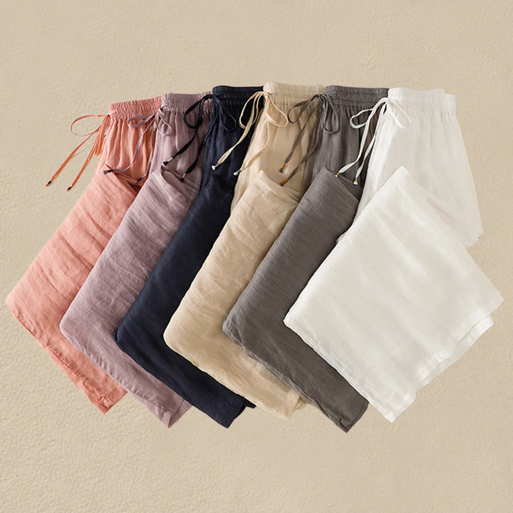 Pantalones anchos de algodón con cordón y bordado Buddha Stones Commute para mujer con bolsillos