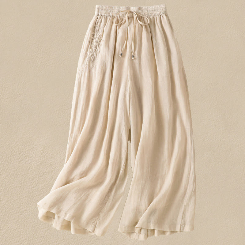 Pantalones anchos de algodón con cordón y bordado Buddha Stones Commute para mujer con bolsillos
