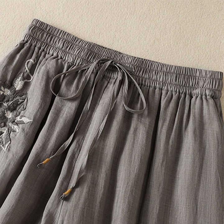 Pantalones anchos de algodón con cordón y bordado Buddha Stones Commute para mujer con bolsillos