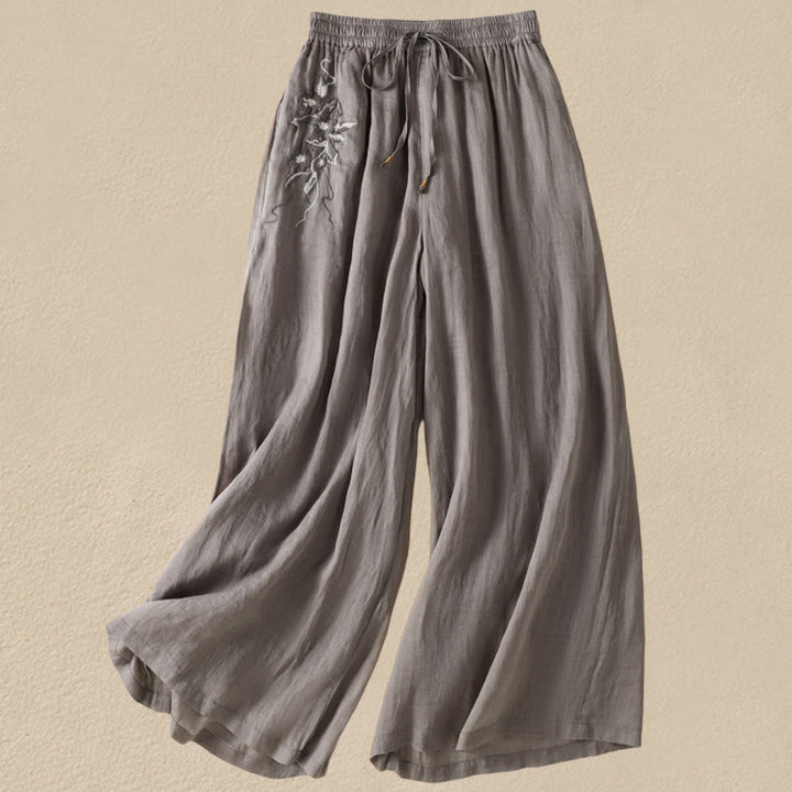 Pantalones anchos de algodón con cordón y bordado Buddha Stones Commute para mujer con bolsillos