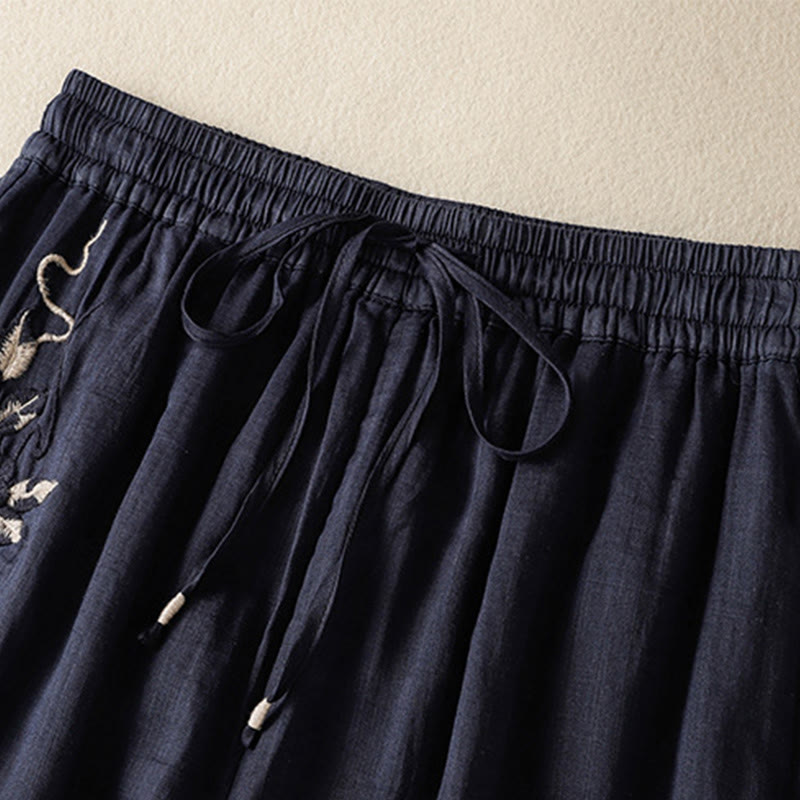 Pantalones anchos de algodón con cordón y bordado Buddha Stones Commute para mujer con bolsillos