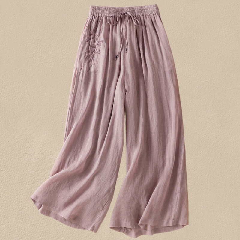 Pantalones anchos de algodón con cordón y bordado Buddha Stones Commute para mujer con bolsillos