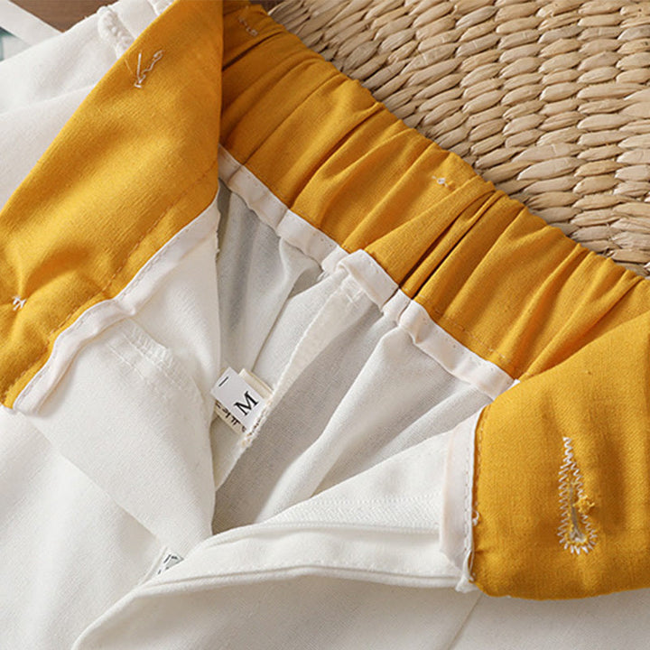 Pantalones anchos de lino y algodón para mujer con diseño informal de cintura hueca y encaje Buddha Stones y bolsillos