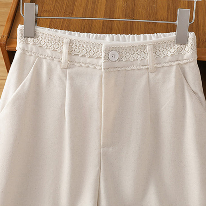 Pantalones anchos de lino y algodón para mujer con diseño informal de cintura hueca y encaje Buddha Stones y bolsillos