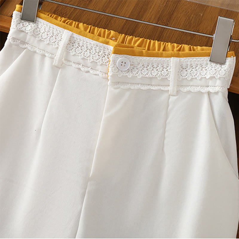 Pantalones anchos de lino y algodón para mujer con diseño informal de cintura hueca y encaje Buddha Stones y bolsillos