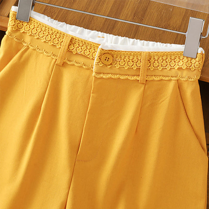 Pantalones anchos de lino y algodón para mujer con diseño informal de cintura hueca y encaje Buddha Stones y bolsillos