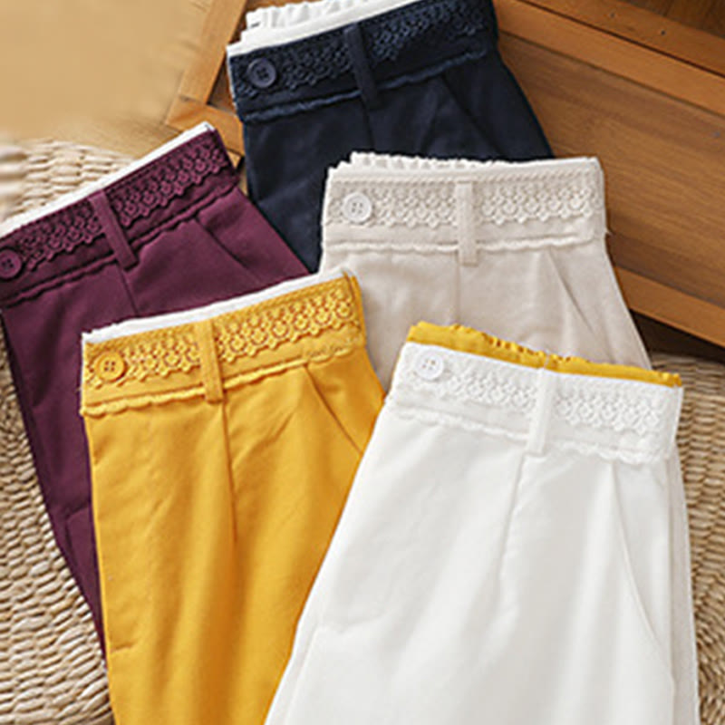 Pantalones anchos de lino y algodón para mujer con diseño informal de cintura hueca y encaje Buddha Stones y bolsillos