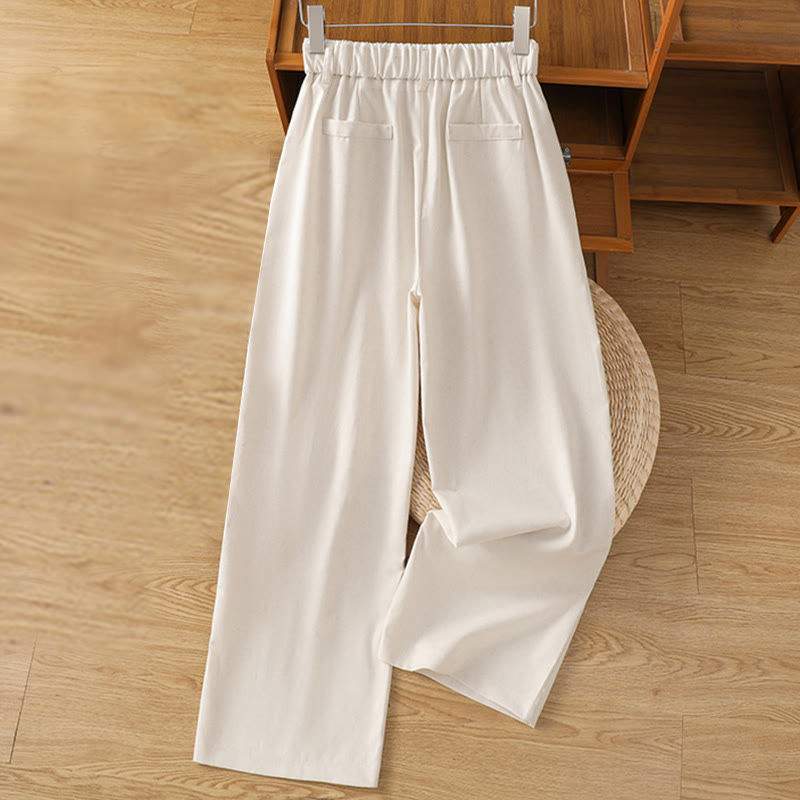 Pantalones anchos de lino y algodón para mujer con diseño informal de cintura hueca y encaje Buddha Stones y bolsillos