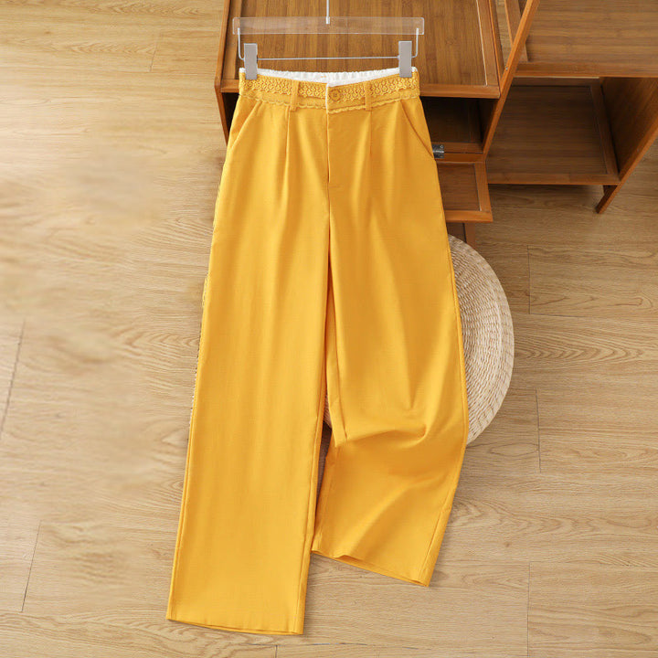 Pantalones anchos de lino y algodón para mujer con diseño informal de cintura hueca y encaje Buddha Stones y bolsillos