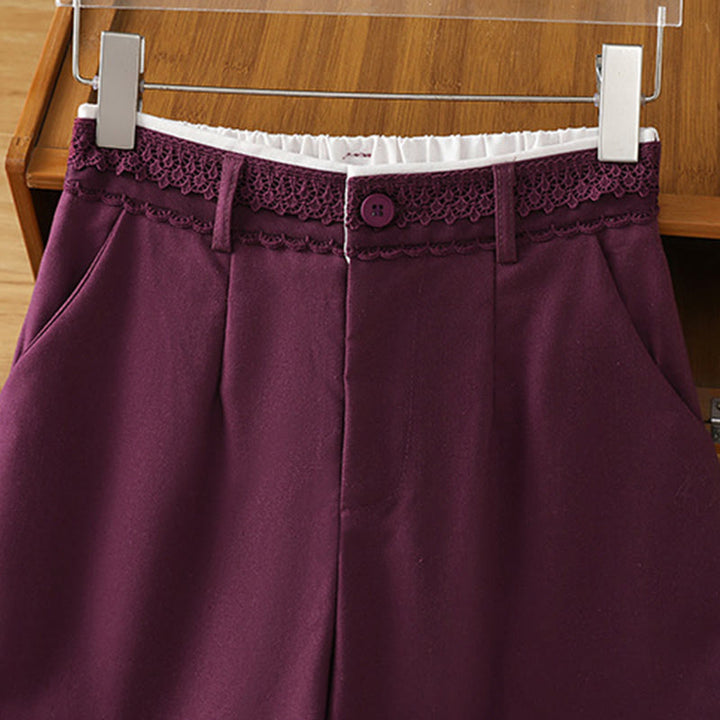 Pantalones anchos de lino y algodón para mujer con diseño informal de cintura hueca y encaje Buddha Stones y bolsillos