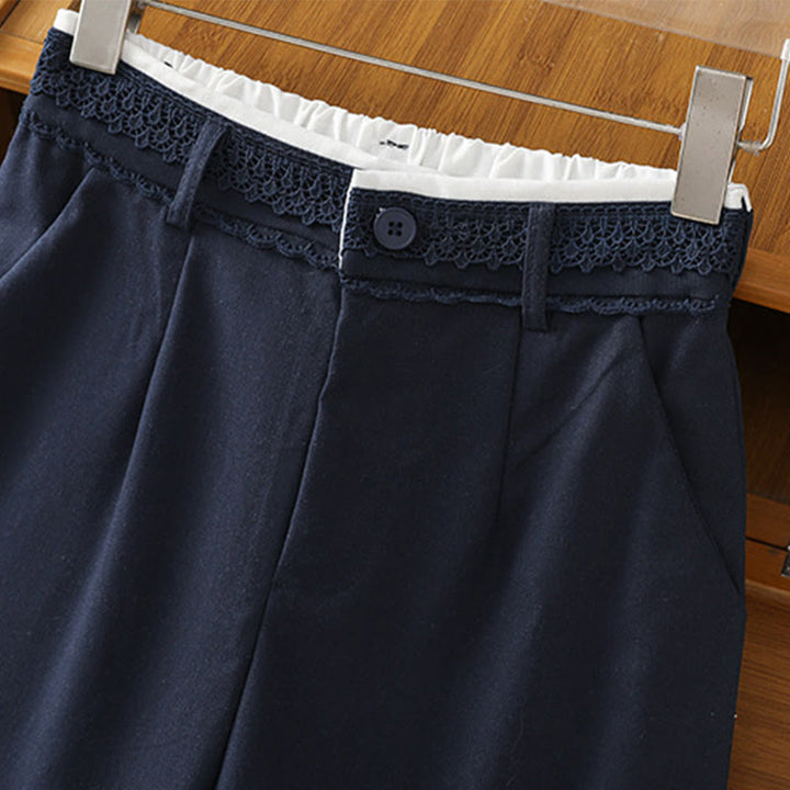 Pantalones anchos de lino y algodón para mujer con diseño informal de cintura hueca y encaje Buddha Stones y bolsillos