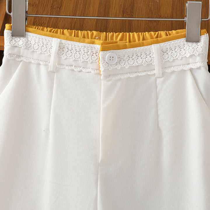 Pantalones anchos de lino y algodón para mujer con diseño informal de cintura hueca y encaje Buddha Stones y bolsillos